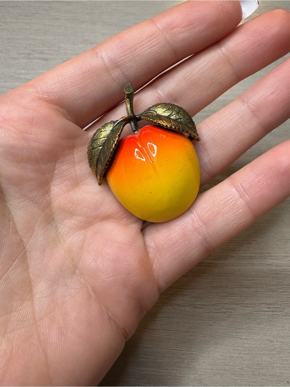 Vintage‎ Fruit Brooch with Brass Leaves - Orange Yellow Peach Pin